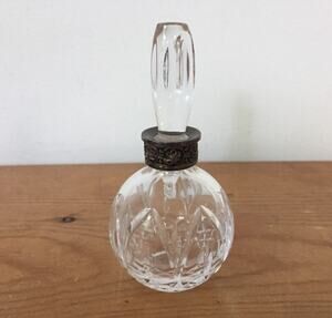 Vintage Art Deco Atlantis Cut Crystal Perfume Bottle Silverplate Floral w Dauber